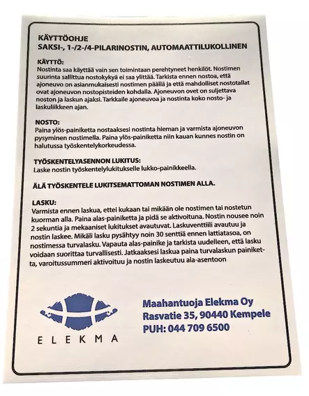 Käyttöohje saksi-, 1-, 2-, 4-pilarinostin automaattilukollinen -tarra - Autonostinten varaosat ja tarvikkeet - 1050 - 1