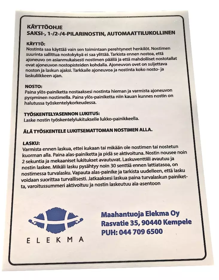 Käyttöohje saksi-, 1-, 2-, 4-pilarinostin automaattilukollinen -tarra - Autonostinten varaosat ja tarvikkeet - 1050 - 1